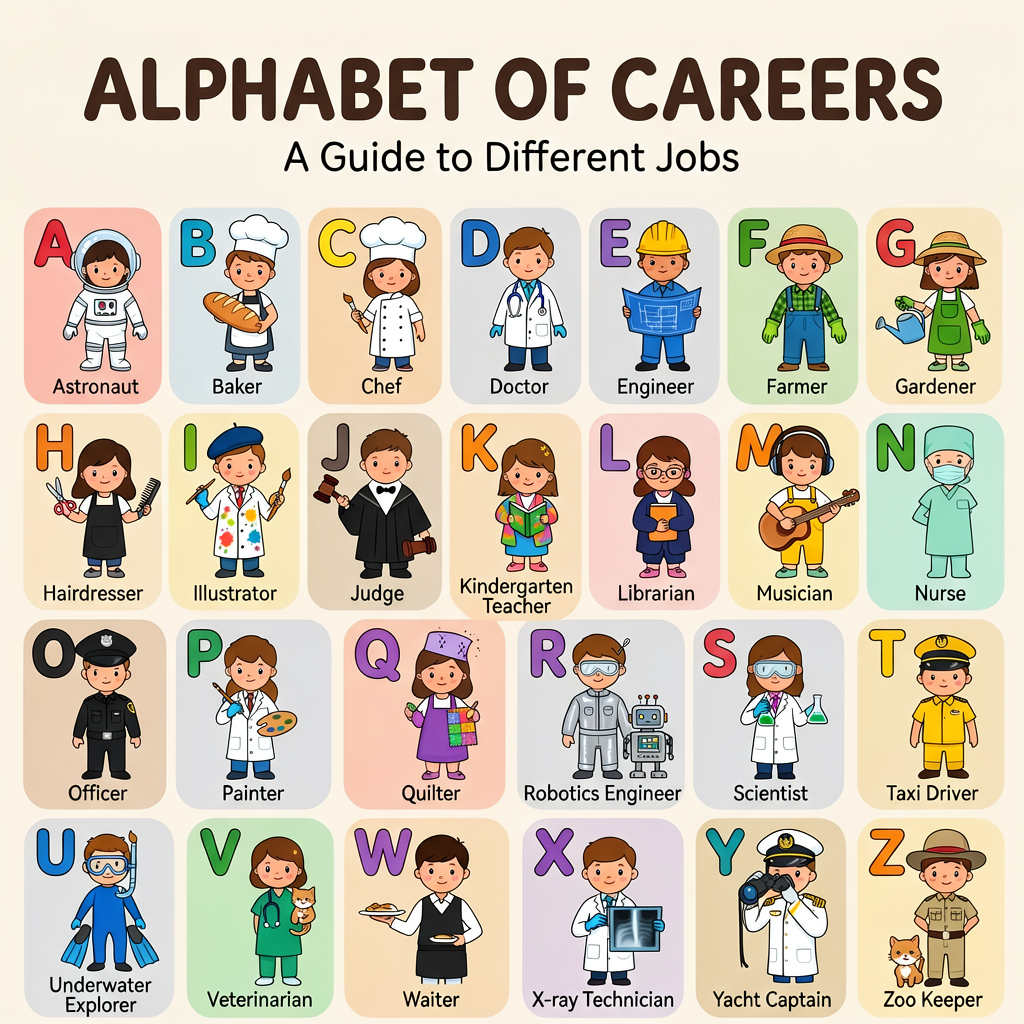 ERNIE Image output: illustrated alphabet of careers poster