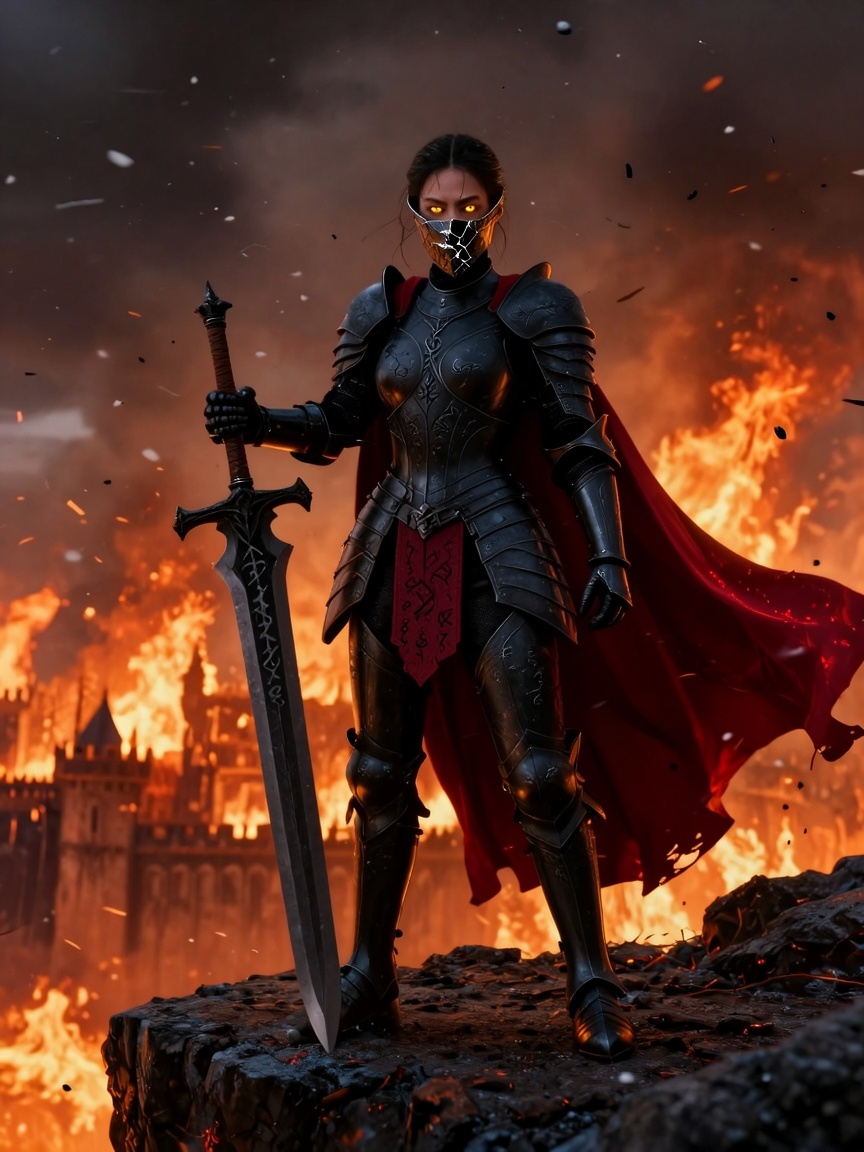 ERNIE Image output: female dark knight warrior in dramatic armor