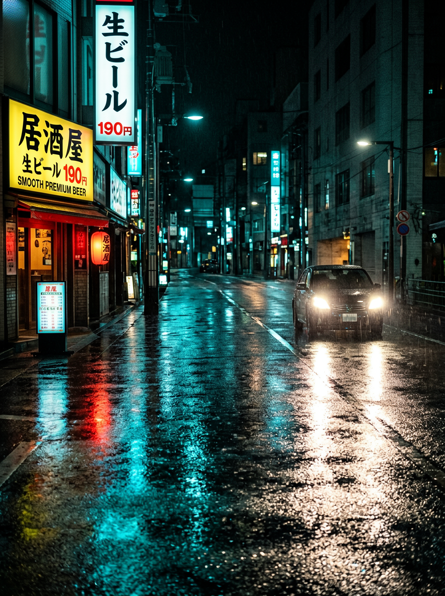 ERNIE Image output: rainy Japanese izakaya street at night