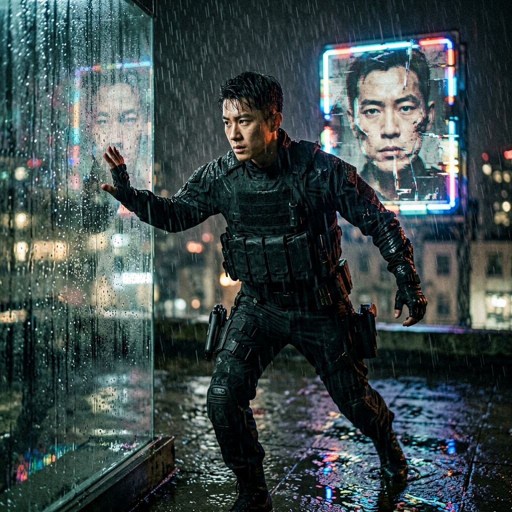 ERNIE Image output: rooftop assassin in rain cinematic