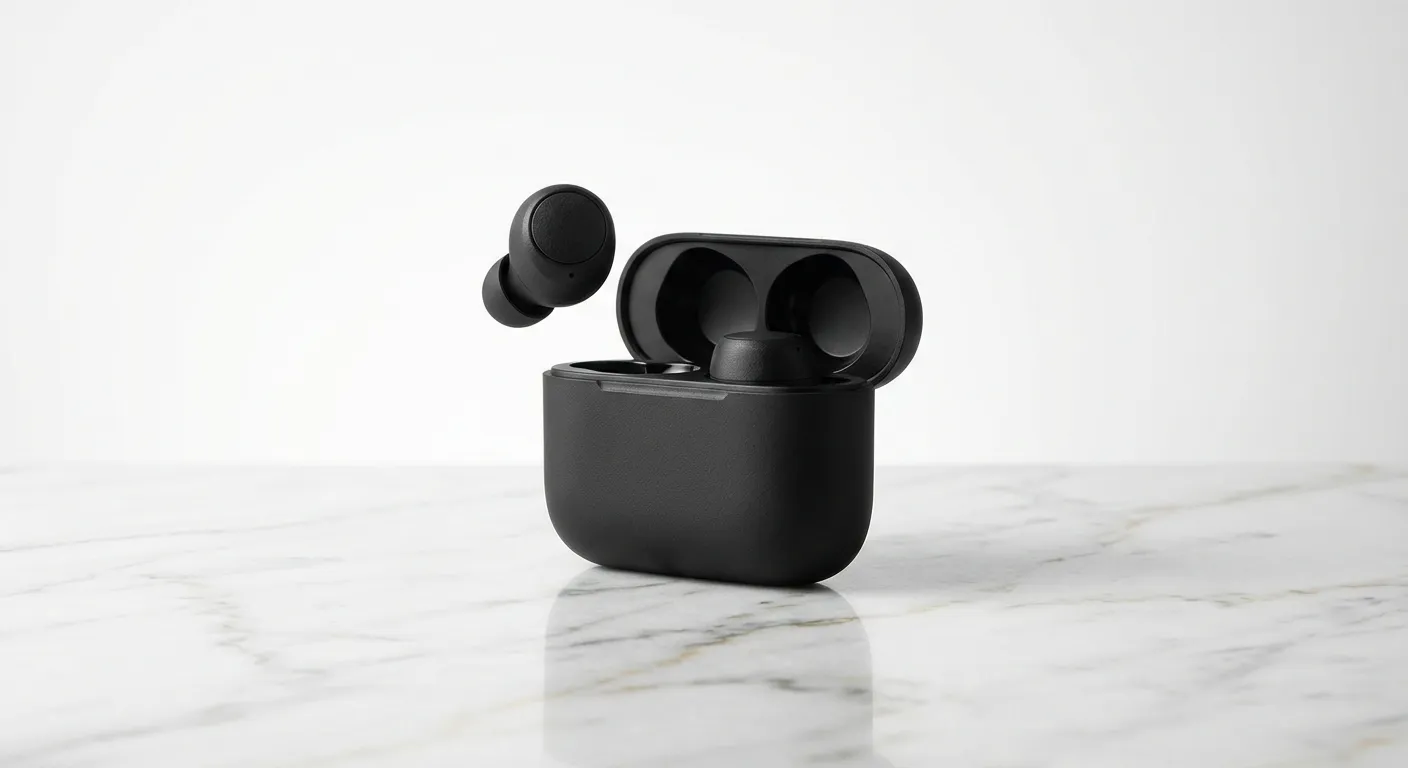 Nano Banana 2 - Matte Black Earbuds on Marble